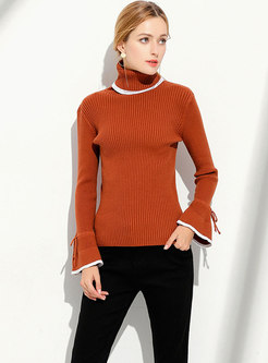 Elegant Color-blocked High Neck Flare Sleeve Slim Sweater