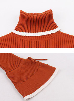 Elegant Color-blocked High Neck Flare Sleeve Slim Sweater