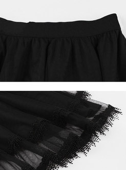 Black High Waist Tassel Patch Gauze Skirt
