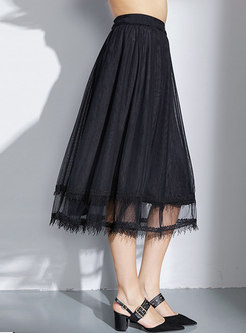 Black High Waist Tassel Patch Gauze Skirt