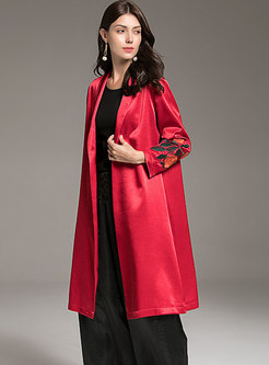 Trendy Red Lapel Long Sleeve Embroidered Split Trench Coat