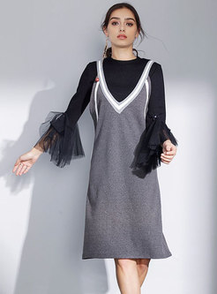 Black Mesh Splicing Flare Sleeve Top & Color-blocked V-neck Slip Dress