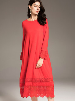 Elegant Red Lace-paneled Flare Sleeve Midi Dress