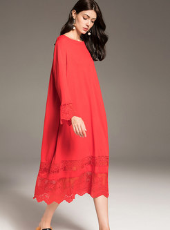 Elegant Red Lace-paneled Flare Sleeve Midi Dress