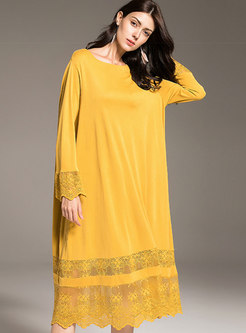 Yellow Elegant Lace-paneled Flare Sleeve Midi Dress