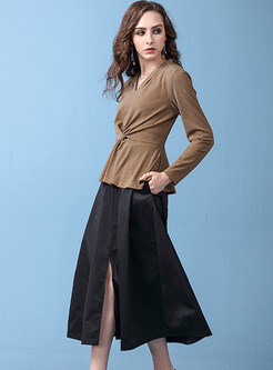 Stylish Long Sleeve Draped Sweater & Big Hem Skirt