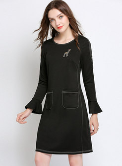 Black Crew-neck Plus Size Loose Dress With Pockets
