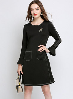 Black Crew-neck Plus Size Loose Dress With Pockets