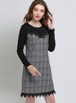 Trendy Stitching Plus Size Lace Trim Zippered Dress