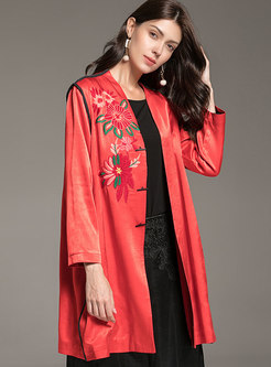Casual Ethnic Embroidered Plus Size Straight Coat