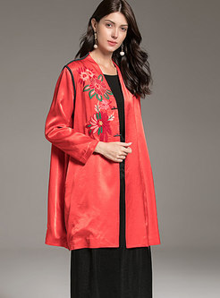 Casual Ethnic Embroidered Plus Size Straight Coat