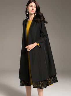 Fashion Black Knee-length Lace Paneled Coat