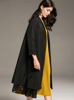 Fashion Black Knee-length Lace Paneled Coat
