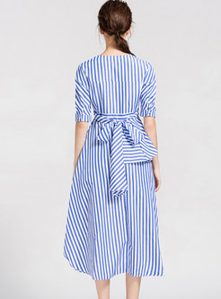 V-neck Striped Waist Irregular Mid-calf Dress