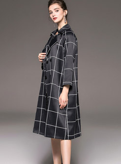 Trendy Notched Slim All Matched Grid Trench Coat 