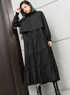 Pure Color Stand Collar Loose Maxi Dress