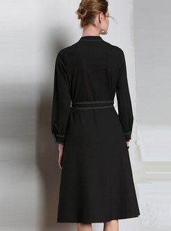 Black Tie-waist Single-breasted Big Hem Slim Dress