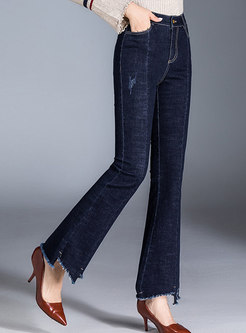 Chic Frayed Asymmetric Rough Selvedge Flare Pants