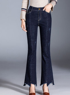Chic Frayed Asymmetric Rough Selvedge Flare Pants