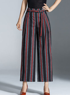 Stylish Striped Belted Straight Pants