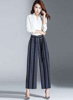 Color-blocked Striped Belted Straight Pants