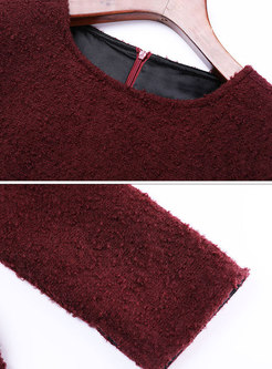 Brief Wine Red O-neck Wool Hairy Shift Dress
