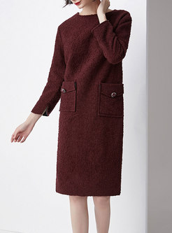 Brief Wine Red O-neck Wool Hairy Shift Dress