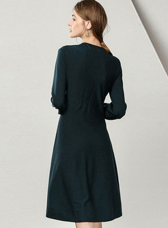 Fashion O-neck Long Sleeve Splicing Single-breasted Dress