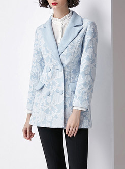 Blue Elegant Vintage Notched Blazer With Embroidery
