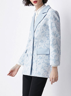 Blue Elegant Vintage Notched Blazer With Embroidery