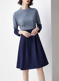 Brief Stand Collar Contrast-color Stitching Skater Dress