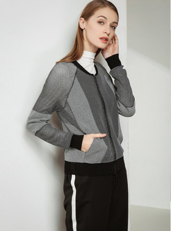 Color-blocked Zippered Zip-up Short Knitted Coat