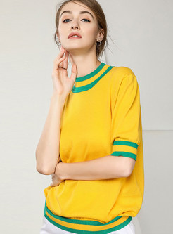 Casual Standing Collar Half Sleeve Color-blocked Sweater