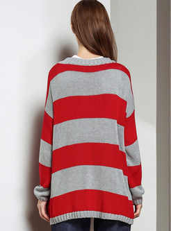 Thick Line Color-blocked Striped Loose Knitted Coat