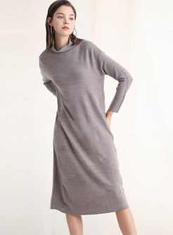 Standing Collar Long Pullover Knitted Loose Dress