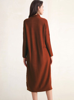 Brief Pure Color Long Sleeve Knitted Dress