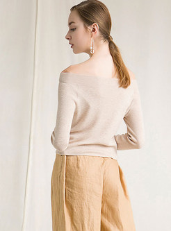 Sexy Slash Neck Hollow Out Solid Color Slim Sweater