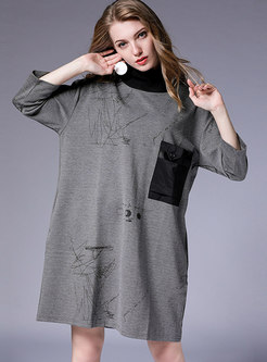 Grey Plus Size Three Quarters Sleeve Pockets Shift Dress 