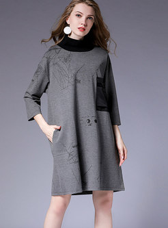 Grey Plus Size Three Quarters Sleeve Pockets Shift Dress 
