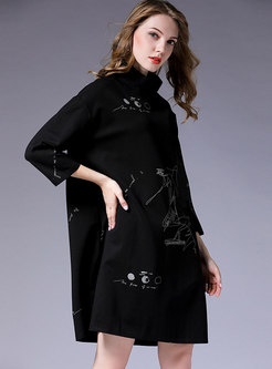 Black Plus Size Three Quarters Sleeve Pockets Shift Dress 