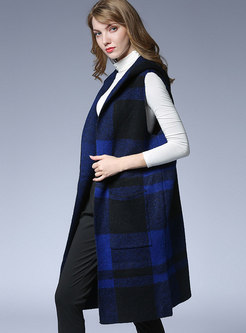 Autumn Blue Plaid Sleeveless Knitted Vest With Pockets