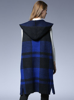 Autumn Blue Plaid Sleeveless Knitted Vest With Pockets