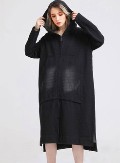 Plus Size Denim Hooded Zipper Side-slit Long Coat