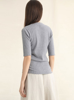 O-neck Half Sleeve Wave Selvedge Pullover Sweater