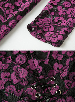 Sexy Purple V-neck Lace-paneled Hollow Out Dress