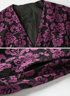 Sexy Purple V-neck Lace-paneled Hollow Out Dress