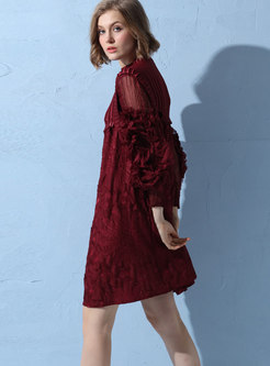 Autumn Puff Sleeve Embroidered Loose A Line Dress