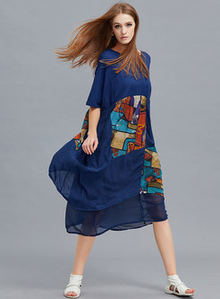 Chic Color-blocked Print O-neck Asymmetric Loose Dress