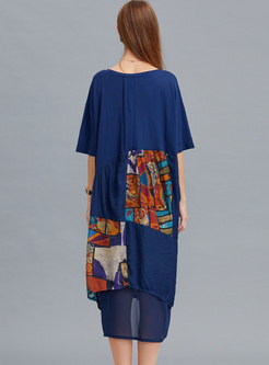 Chic Color-blocked Print O-neck Asymmetric Loose Dress
