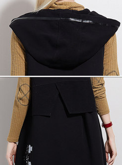 Stylish Black Print Hooded Zipper Vest